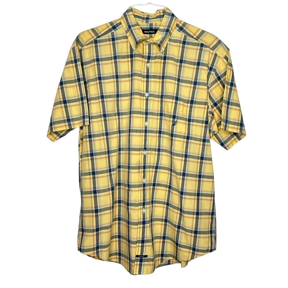 Nautica Yellow Gray Plaid Short Sleeve Button Down‎ Mens Shirt